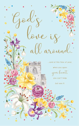 Picture of GODS LOVE IS ALL AROUND BLUE CARD W/FLOWERS